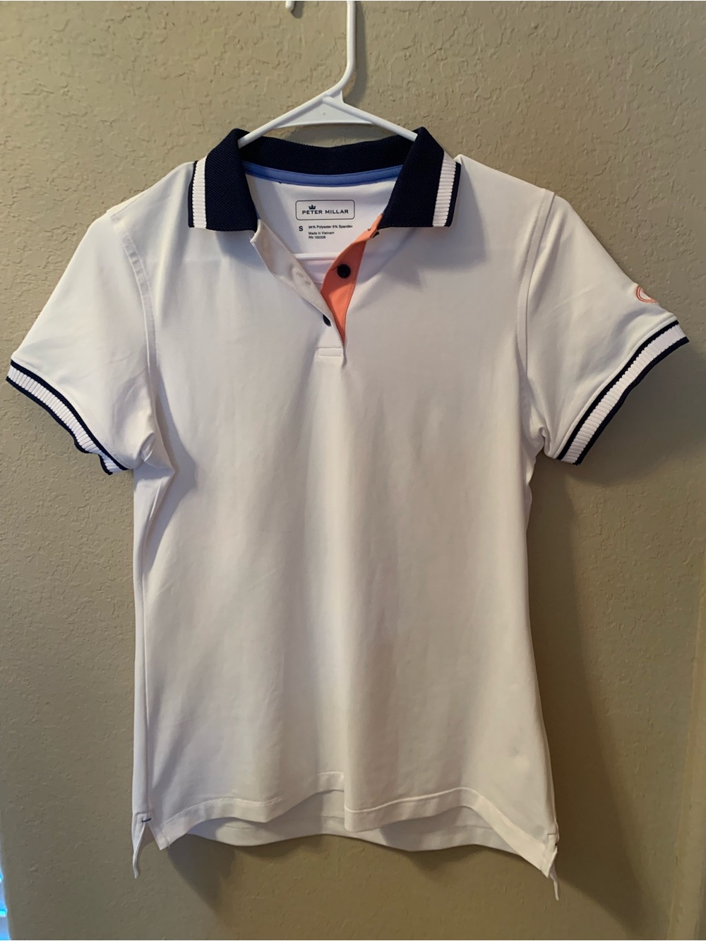PETER MILLAR CROWN COLLECTION LADIES SMALL DC POLO EUC NAVY/ORANGE